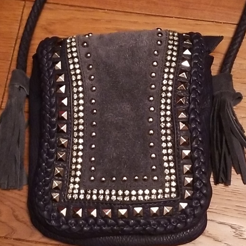 Street Level Rhinestone braided bag suede leather